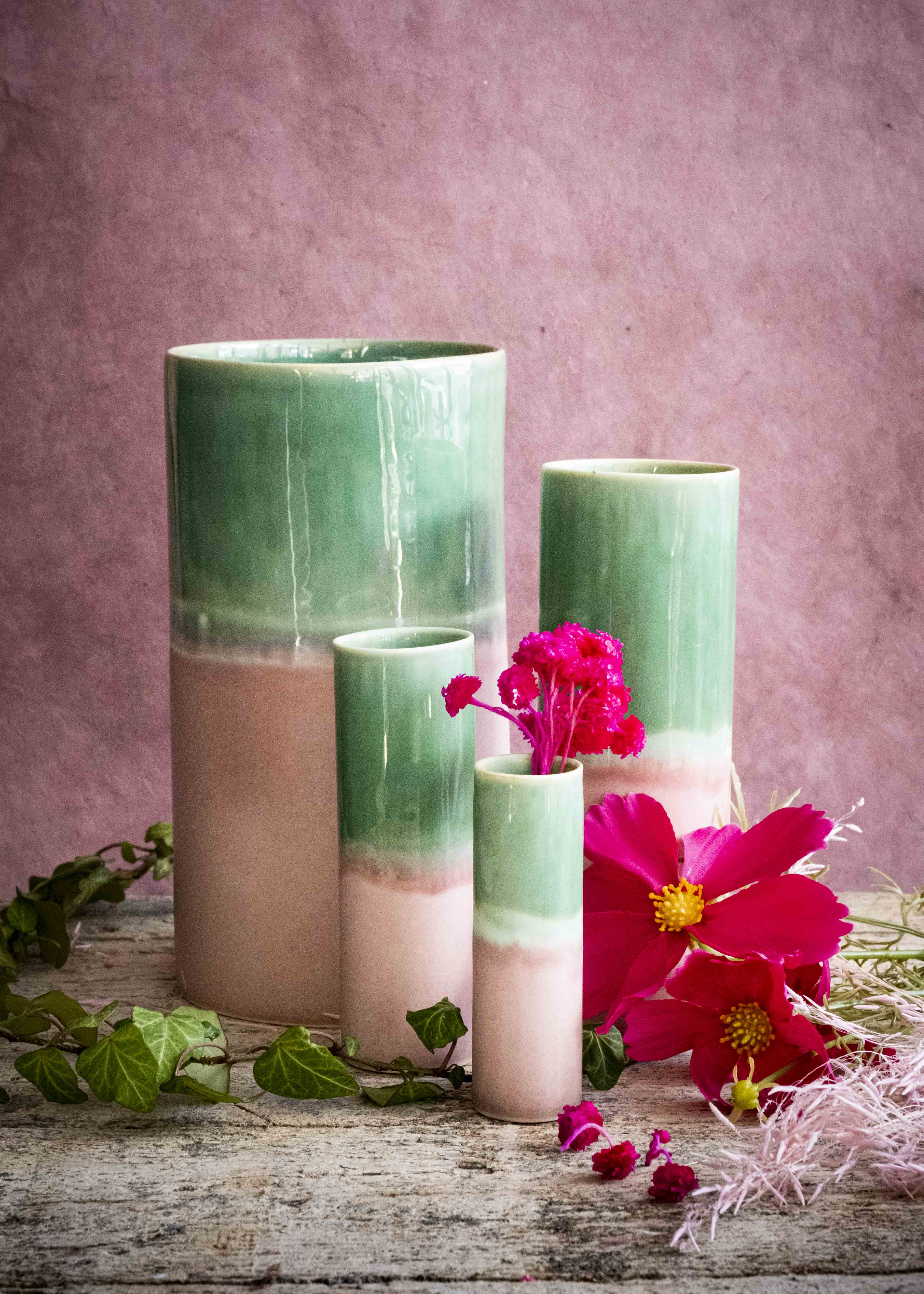 Vase bicolore - Rose, vert bouteille