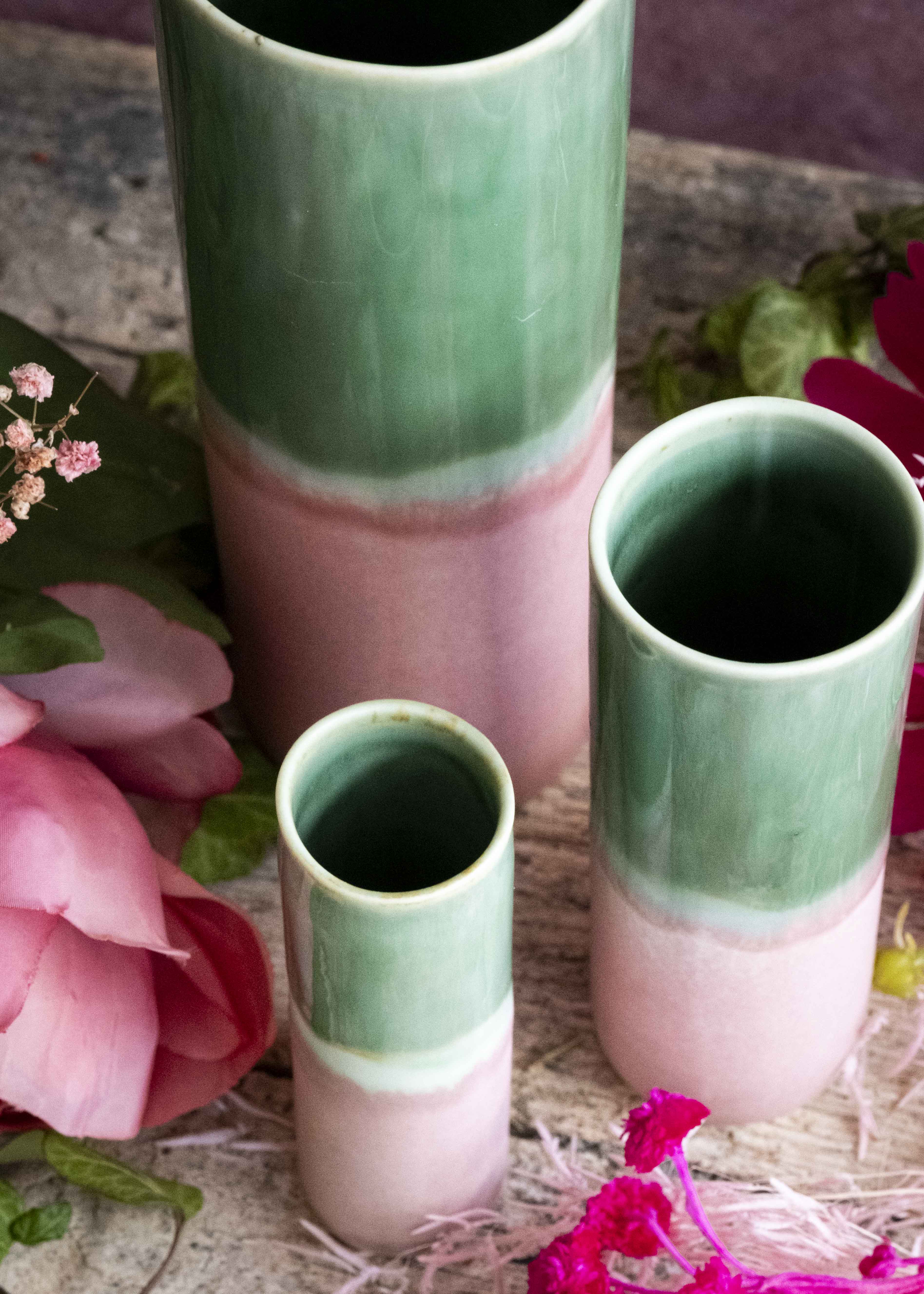 Vase bicolore - Rose, vert bouteille